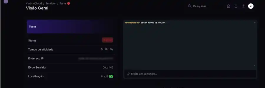 Visão geral de um servidor no Painel de Jogos da Verone Cloud